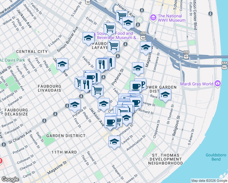 map of restaurants, bars, coffee shops, grocery stores, and more near 1401 Saint Andrew Street in New Orleans