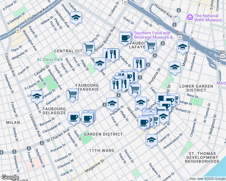 map of restaurants, bars, coffee shops, grocery stores, and more near 2211 Saint Charles Avenue in New Orleans