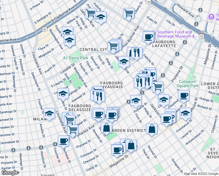 map of restaurants, bars, coffee shops, grocery stores, and more near 2523 Baronne Street in New Orleans
