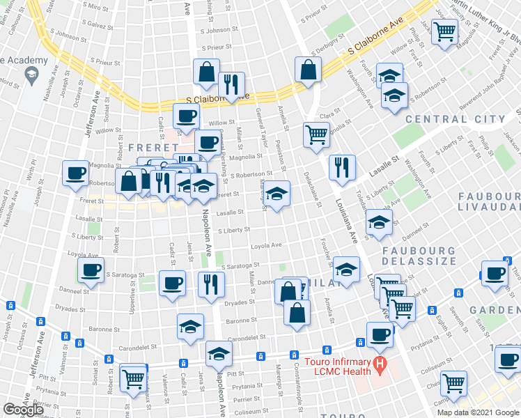 map of restaurants, bars, coffee shops, grocery stores, and more near 2300 General Taylor in New Orleans