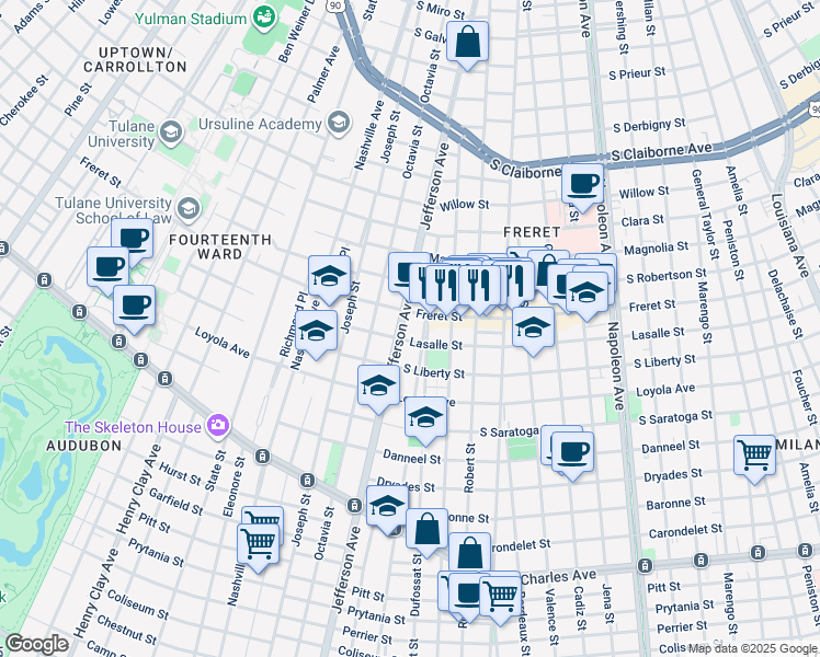 map of restaurants, bars, coffee shops, grocery stores, and more near 5316 Lasalle Street in New Orleans