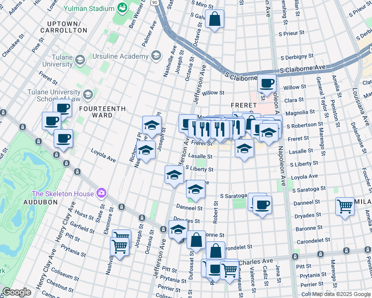 map of restaurants, bars, coffee shops, grocery stores, and more near 5316 Lasalle Street in New Orleans