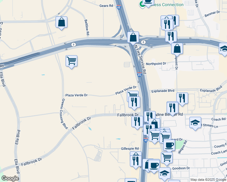 map of restaurants, bars, coffee shops, grocery stores, and more near 201 Plaza Verde Drive in Houston