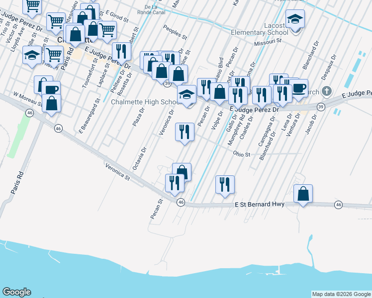 map of restaurants, bars, coffee shops, grocery stores, and more near 2221 Riverland Drive in Chalmette