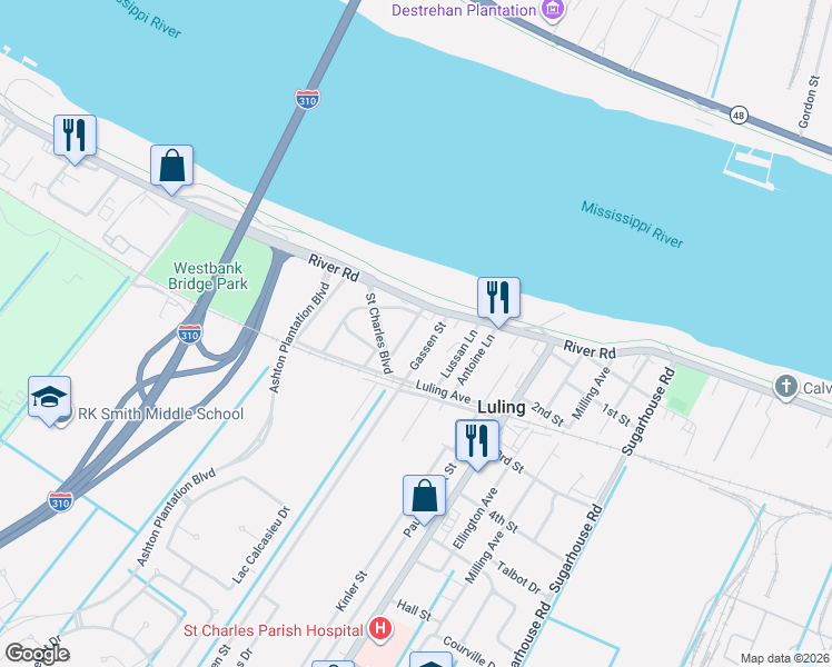 map of restaurants, bars, coffee shops, grocery stores, and more near 117 Gassen Street in Luling