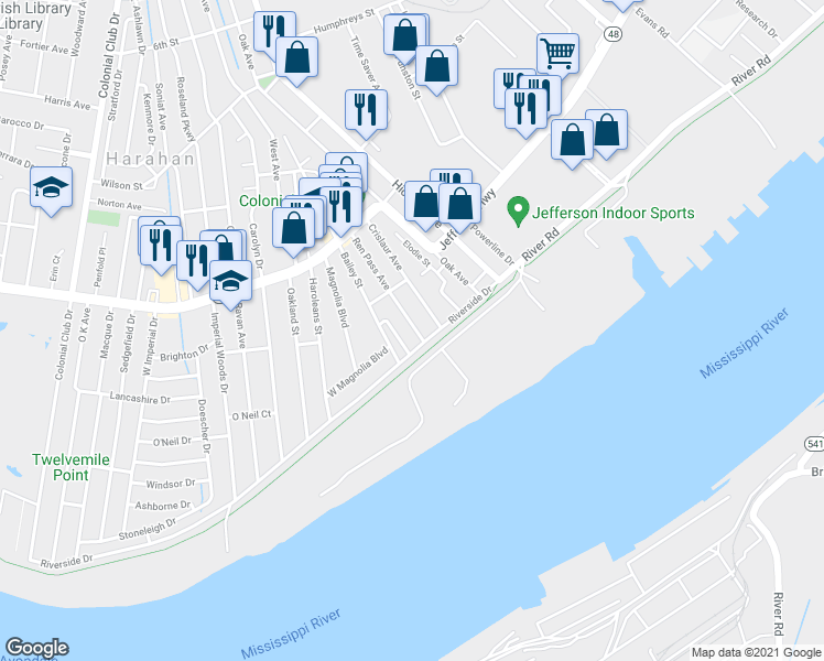 map of restaurants, bars, coffee shops, grocery stores, and more near 24 Ren Pass Avenue in Harahan