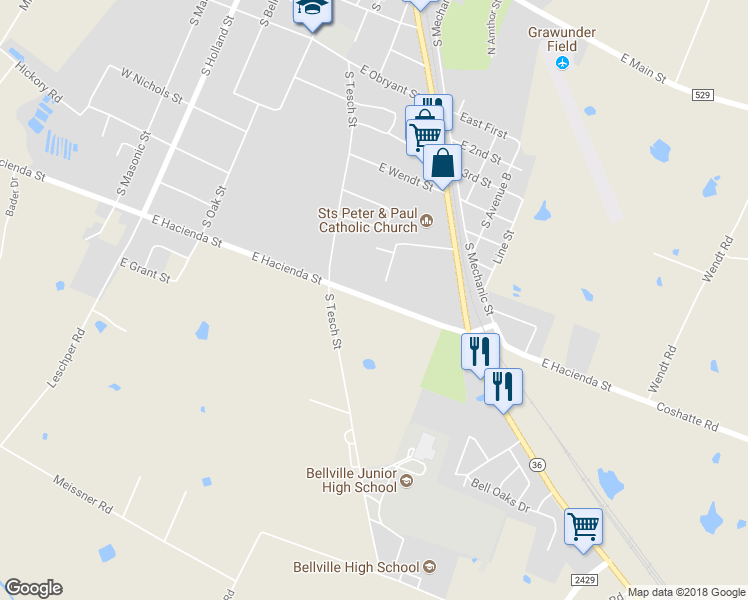 map of restaurants, bars, coffee shops, grocery stores, and more near 448 East Hacienda Street in Bellville