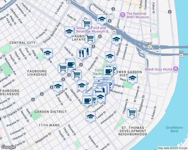 map of restaurants, bars, coffee shops, grocery stores, and more near 1783 Coliseum Street in New Orleans