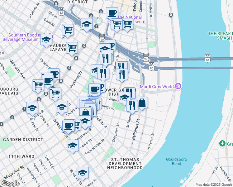 map of restaurants, bars, coffee shops, grocery stores, and more near in New Orleans