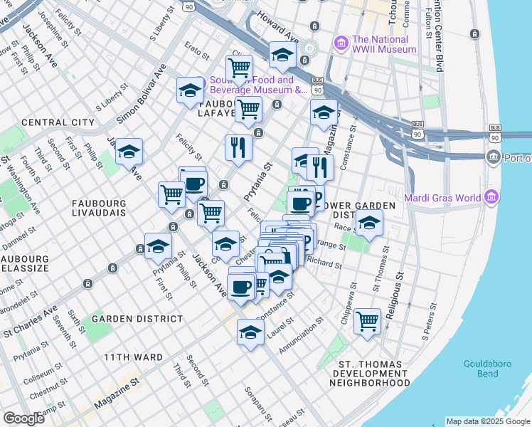 map of restaurants, bars, coffee shops, grocery stores, and more near 1309 Felicity Street in New Orleans