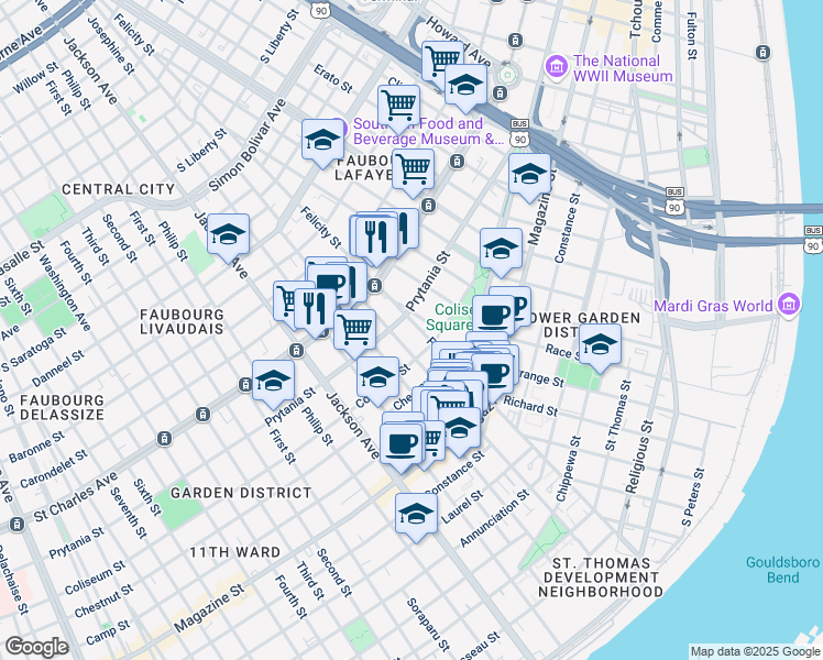 map of restaurants, bars, coffee shops, grocery stores, and more near 1401 Saint Andrew Street in New Orleans