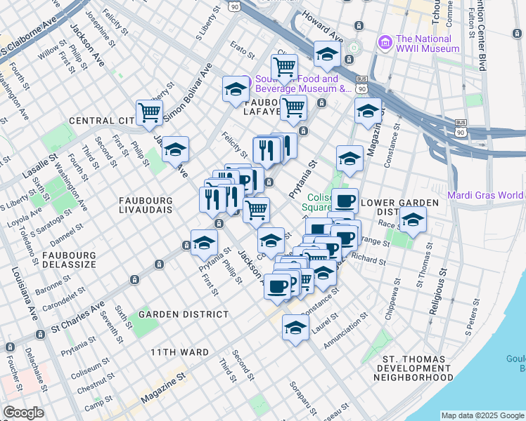 map of restaurants, bars, coffee shops, grocery stores, and more near in New Orleans