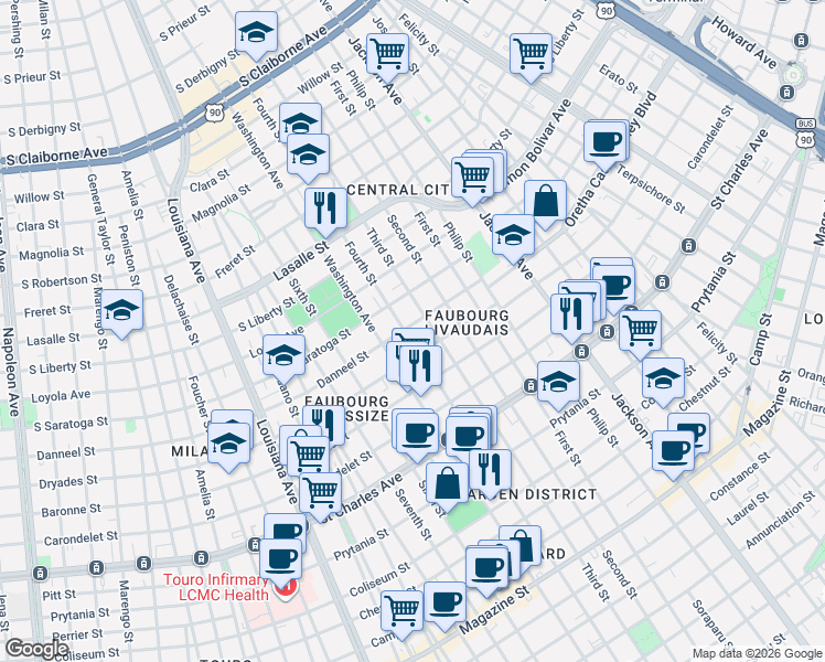 map of restaurants, bars, coffee shops, grocery stores, and more near 1901 Fourth Street in New Orleans
