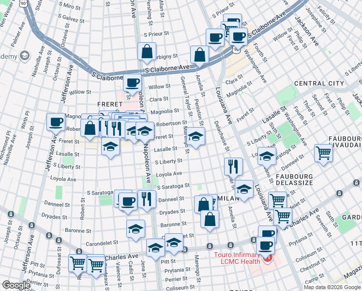map of restaurants, bars, coffee shops, grocery stores, and more near 2322 Milan Street in New Orleans