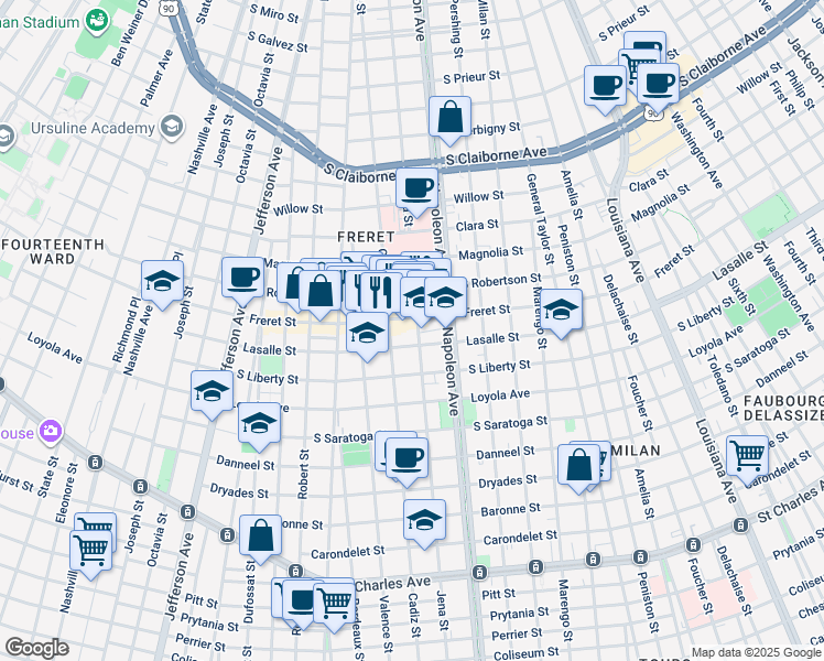 map of restaurants, bars, coffee shops, grocery stores, and more near 4538 Lasalle Street in New Orleans