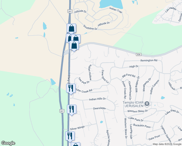 map of restaurants, bars, coffee shops, grocery stores, and more near 1026 Indian Hollow in Spring Branch