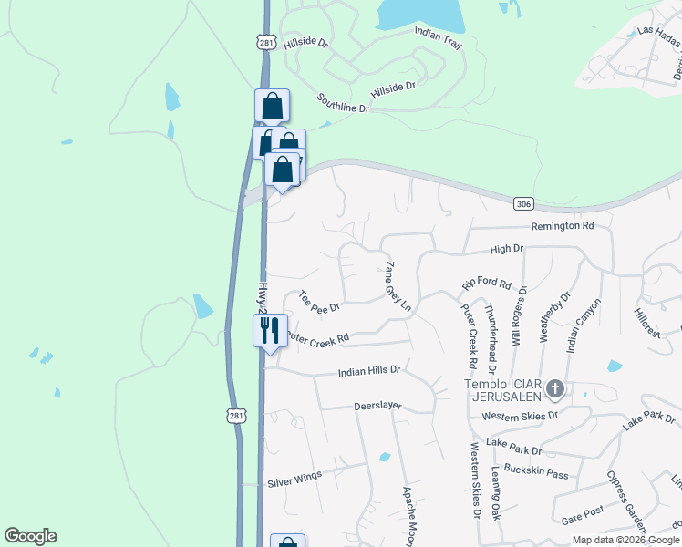 map of restaurants, bars, coffee shops, grocery stores, and more near 1059 Indian Hollow in Spring Branch