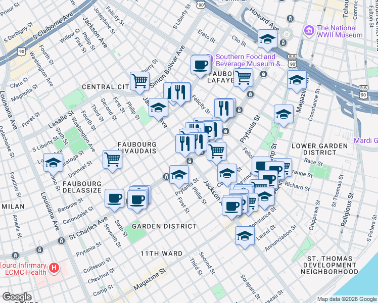 map of restaurants, bars, coffee shops, grocery stores, and more near in New Orleans