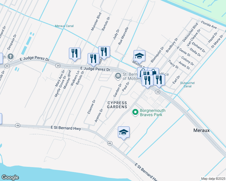 map of restaurants, bars, coffee shops, grocery stores, and more near 2320 Coulon Drive in Meraux