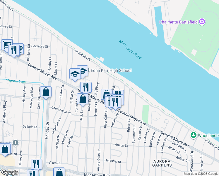 map of restaurants, bars, coffee shops, grocery stores, and more near 1632 River Oaks Drive in New Orleans
