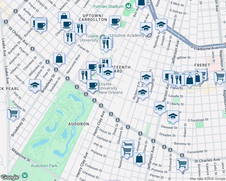 map of restaurants, bars, coffee shops, grocery stores, and more near 1904 Palmer Avenue in New Orleans