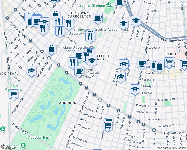 map of restaurants, bars, coffee shops, grocery stores, and more near 6363 Saint Charles Avenue in New Orleans