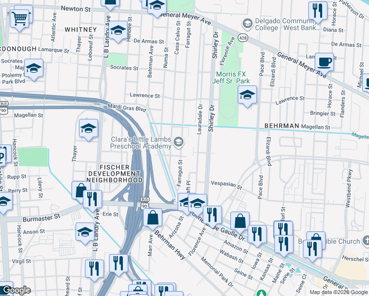 map of restaurants, bars, coffee shops, grocery stores, and more near 1821 Farragut Street in New Orleans