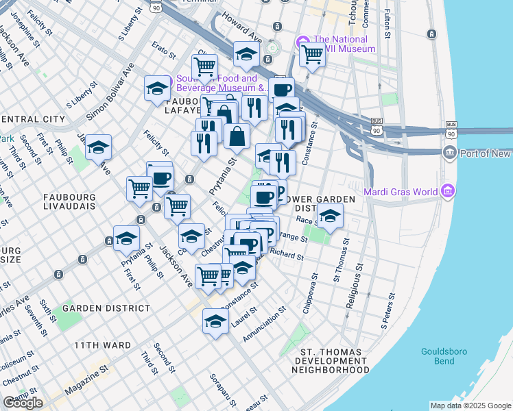 map of restaurants, bars, coffee shops, grocery stores, and more near 1478 Camp Street in New Orleans