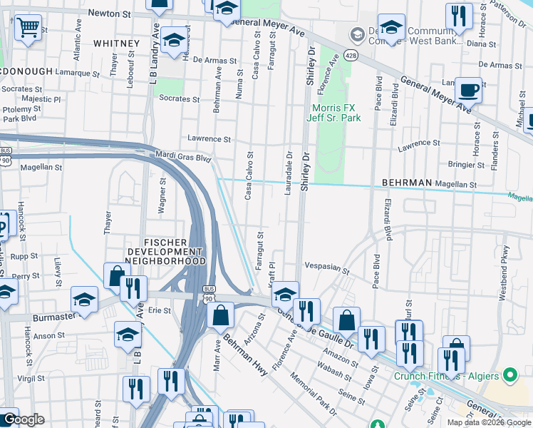map of restaurants, bars, coffee shops, grocery stores, and more near 1821 Farragut Street in New Orleans