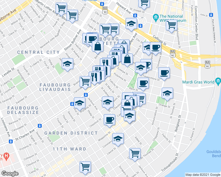 map of restaurants, bars, coffee shops, grocery stores, and more near 1801 Prytania Street in New Orleans