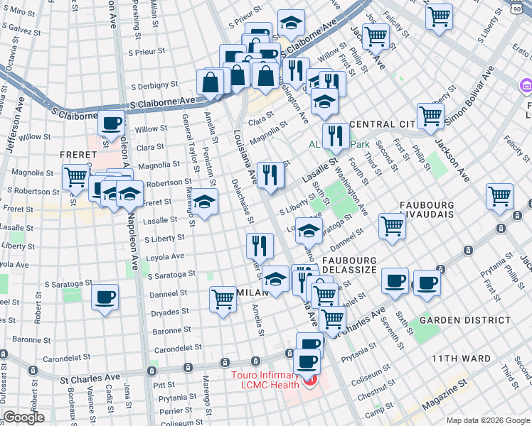 map of restaurants, bars, coffee shops, grocery stores, and more near 3328 Lasalle Street in New Orleans