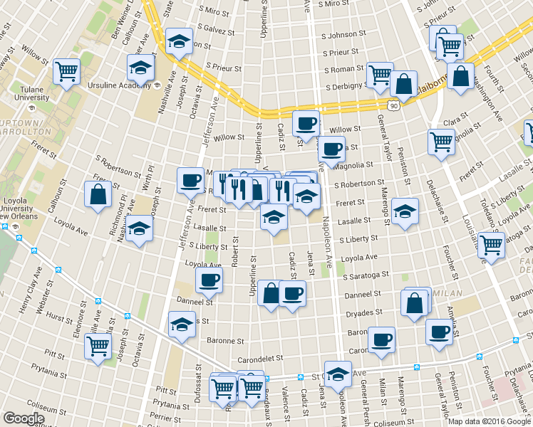 map of restaurants, bars, coffee shops, grocery stores, and more near 2522 Valence Street in New Orleans