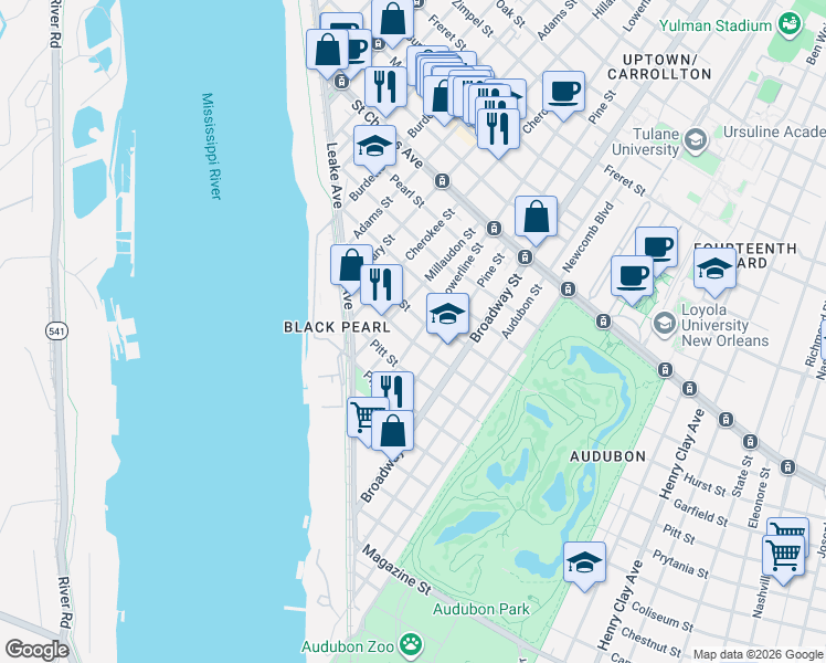 map of restaurants, bars, coffee shops, grocery stores, and more near 244 Millaudon Street in New Orleans