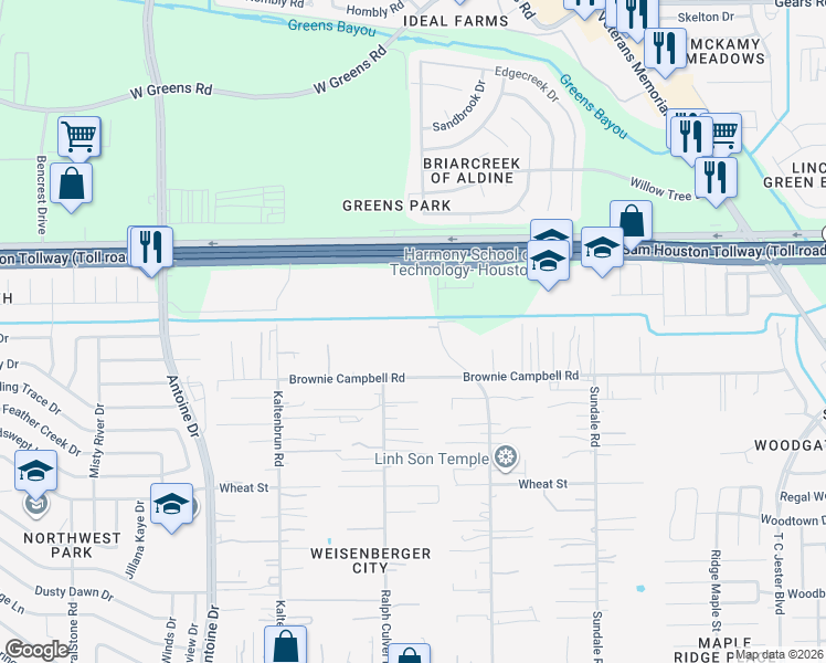 map of restaurants, bars, coffee shops, grocery stores, and more near 3240 Brownie Campbell Road in Houston