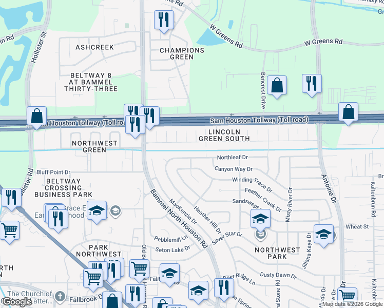 map of restaurants, bars, coffee shops, grocery stores, and more near 7303 Greenyard Drive in Houston
