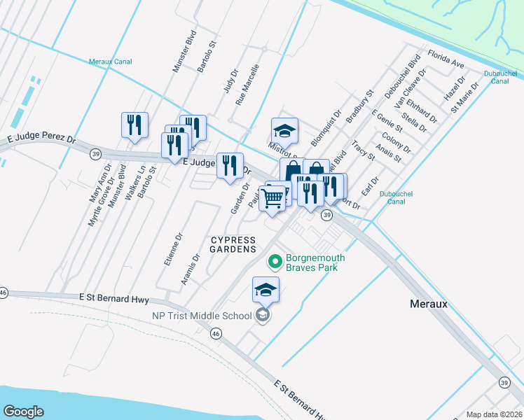 map of restaurants, bars, coffee shops, grocery stores, and more near 2537 Paul Drive in Meraux