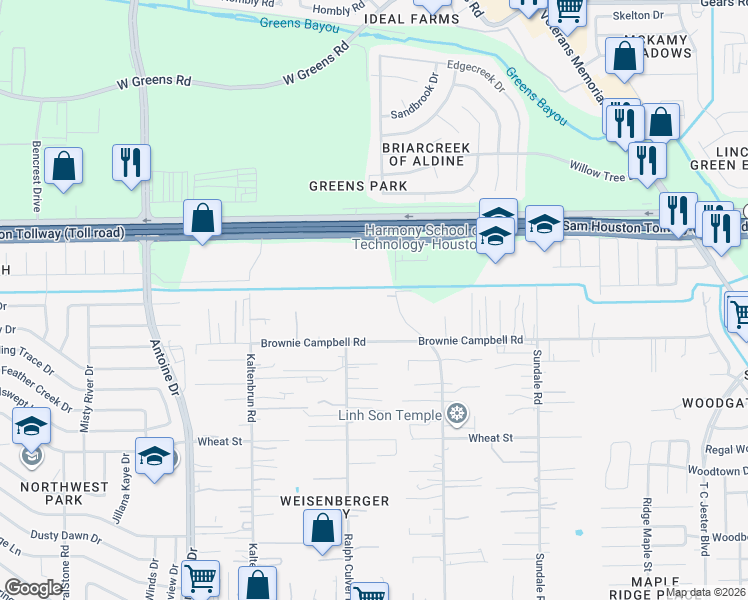 map of restaurants, bars, coffee shops, grocery stores, and more near 3240 Brownie Campbell Road in Houston