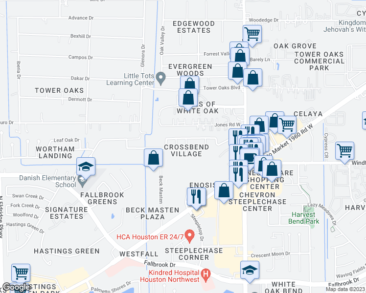 map of restaurants, bars, coffee shops, grocery stores, and more near 11035 Knobbley Oak Court in Houston