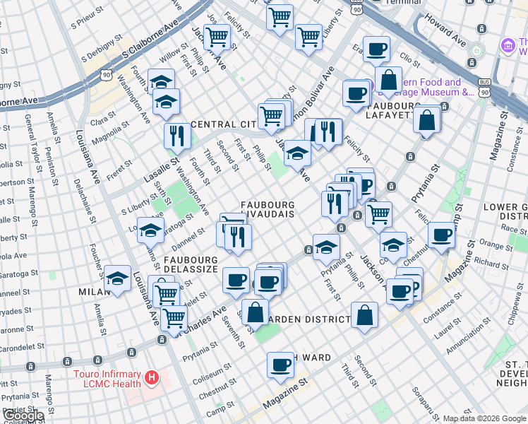 map of restaurants, bars, coffee shops, grocery stores, and more near Second St & Dryades St in New Orleans