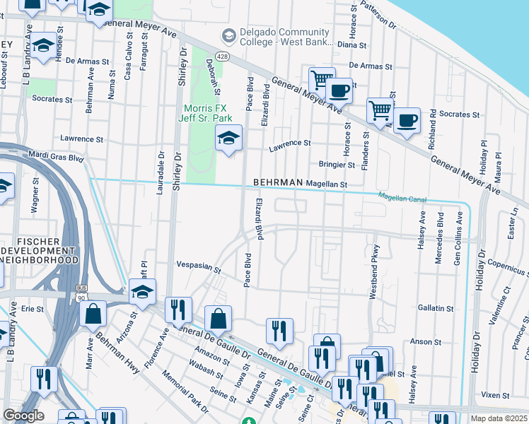 map of restaurants, bars, coffee shops, grocery stores, and more near 1725 Elizardi Boulevard in New Orleans