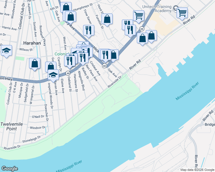 map of restaurants, bars, coffee shops, grocery stores, and more near 35 Crislaur Avenue in Harahan