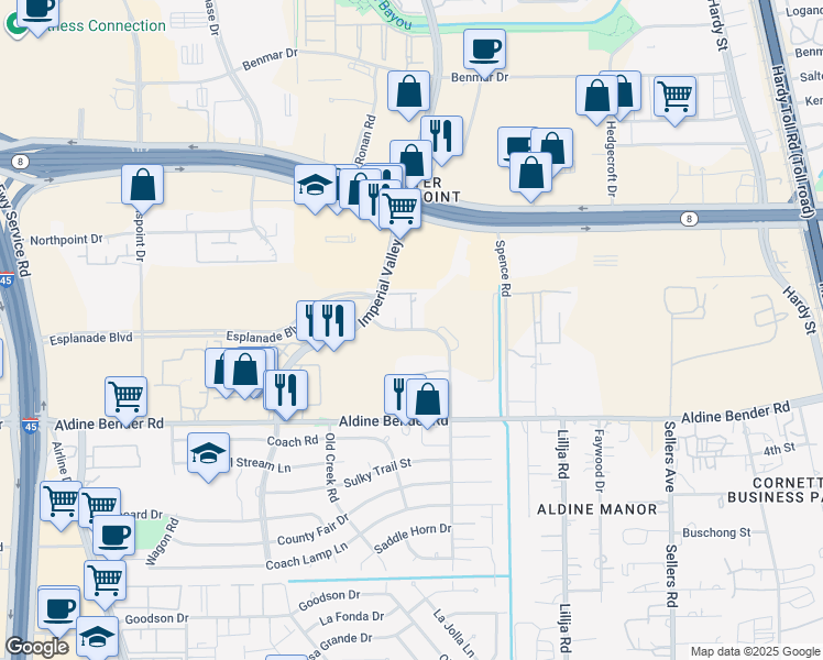 map of restaurants, bars, coffee shops, grocery stores, and more near 16209 Cotillion Drive in Houston