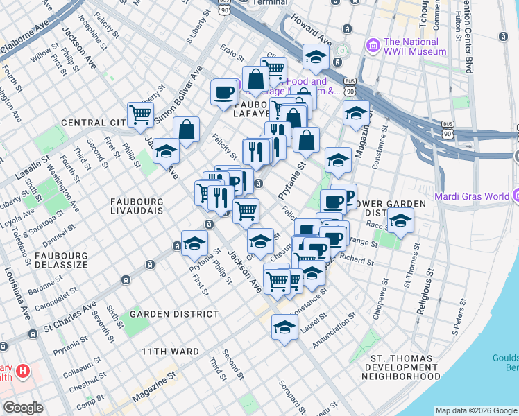 map of restaurants, bars, coffee shops, grocery stores, and more near 1900 Saint Charles Avenue in New Orleans