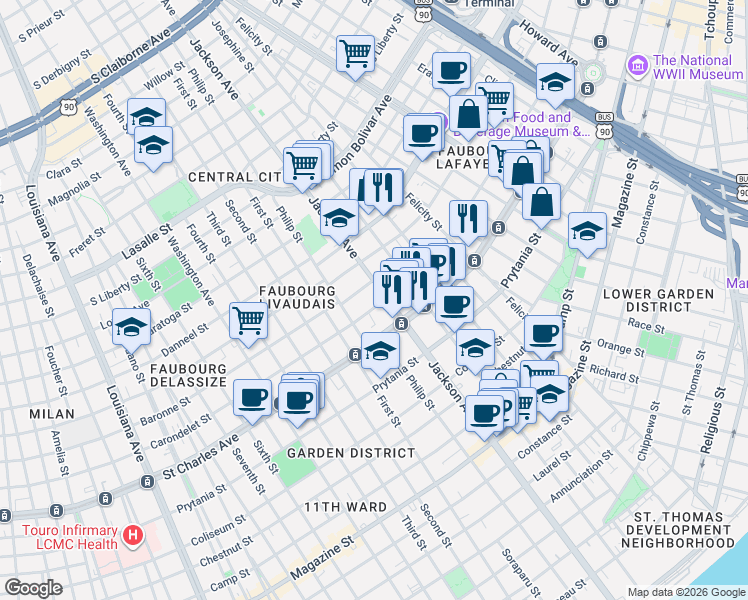 map of restaurants, bars, coffee shops, grocery stores, and more near 2221 Brainard Street in New Orleans