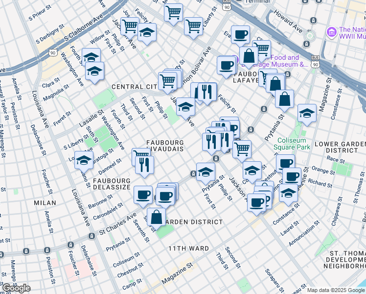 map of restaurants, bars, coffee shops, grocery stores, and more near 1836 Philip Street in New Orleans