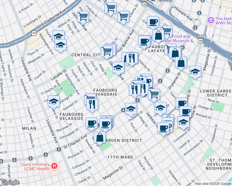map of restaurants, bars, coffee shops, grocery stores, and more near 1836 Philip Street in New Orleans