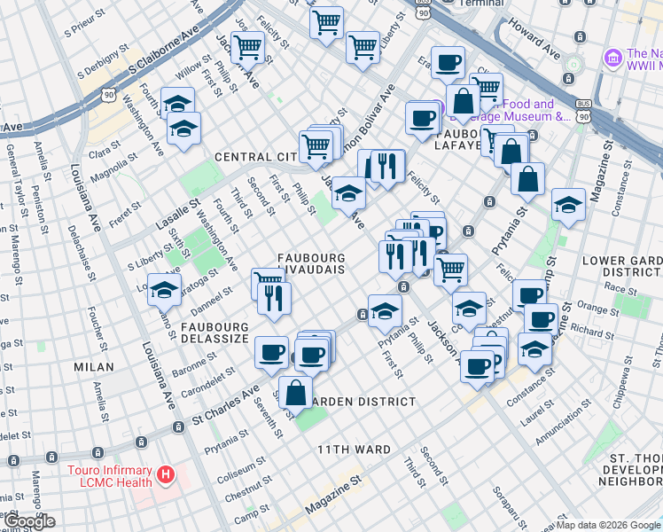 map of restaurants, bars, coffee shops, grocery stores, and more near 1836 Philip Street in New Orleans