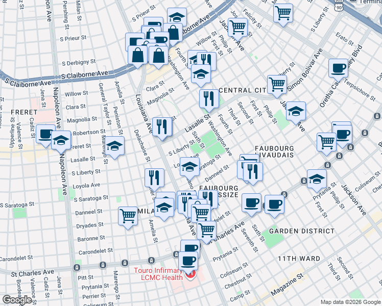 map of restaurants, bars, coffee shops, grocery stores, and more near 2200 Sixth Street in New Orleans