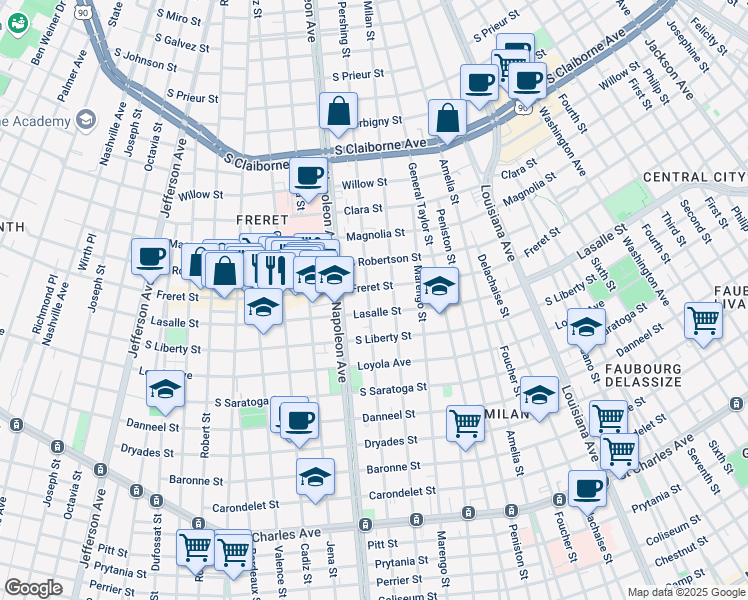 map of restaurants, bars, coffee shops, grocery stores, and more near 2506 General Pershing Street in New Orleans