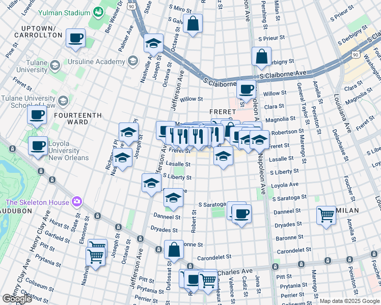 map of restaurants, bars, coffee shops, grocery stores, and more near 2318 Soniat Street in New Orleans